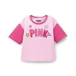 Pine Kids Cotton Knit Drop Shoulder Sleeves T-Shirts With Text Print & Sequin Detailing - Pink