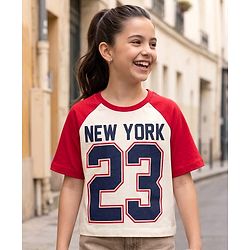 Pine Kids Cotton Knit Half Raglan Sleeves T-Shirt with New York Print - White