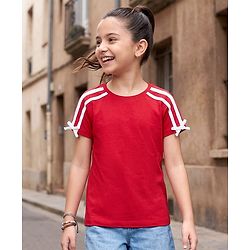Pine Kids Cotton Knit Half Sleeves Striped T-Shirt With Bow Applique - Red