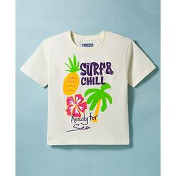Pine Kids Cotton Knit Half Sleeves T-Shirt with Surfing Print - White
