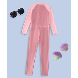 Pine Active Full Raglan Sleeves Legged Swimsuit with Brand Name Print - Pink