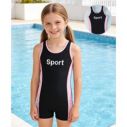 Pine Active Sleeveless Text Printed Legged Swimsuit - Black