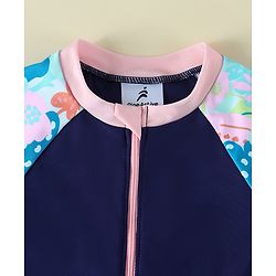 Pine Active Raglan Half Sleeves Floral Printed Legged Swimsuit - Navy Blue