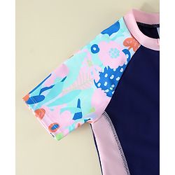 Pine Active Raglan Half Sleeves Floral Printed Legged Swimsuit - Navy Blue
