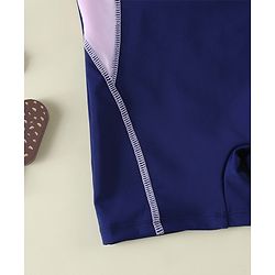 Pine Active Raglan Half Sleeves Floral Printed Legged Swimsuit - Navy Blue