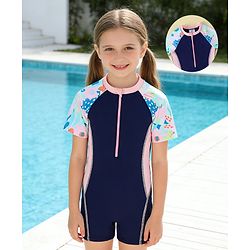 Pine Active Raglan Half Sleeves Floral Printed Legged Swimsuit - Navy Blue