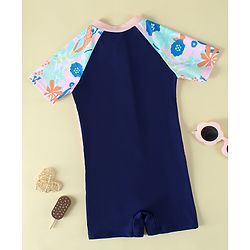 Pine Active Raglan Half Sleeves Floral Printed Legged Swimsuit - Navy Blue