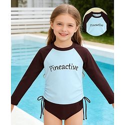 Pine Active Raglan Full Sleeves Text Printed Two Piece Swimsuit - Light Blue