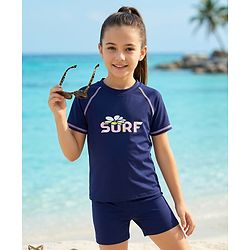 Pine Active Raglan Half Sleeves Surf Printed Two Piece Swimsuit - Navy Blue