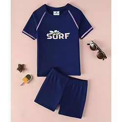 Pine Active Raglan Half Sleeves Surf Printed Two Piece Swimsuit - Navy Blue