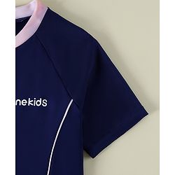 Pine Kids Half Raglan Sleeves Solid Color Frock Swimsuit - Navy Blue