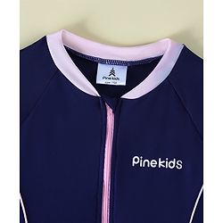 Pine Kids Half Raglan Sleeves Solid Color Frock Swimsuit - Navy Blue
