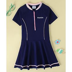 Pine Kids Half Raglan Sleeves Solid Color Frock Swimsuit - Navy Blue