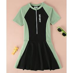 Pine Kids Raglan Half Sleeves Text Printed Frock Swimsuit - Black