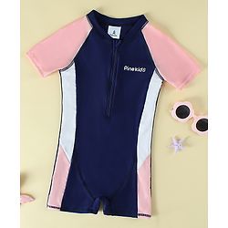 Pine Kids Raglan Half Sleeves Cut N Sew Legged Swimsuit - Navy Blue