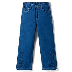 Pine Kids Denim Woven Full Length Jeans with Floral Embroidery - Blue