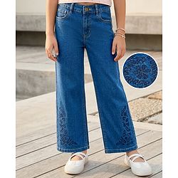 Pine Kids Denim Woven Full Length Jeans with Floral Embroidery - Blue