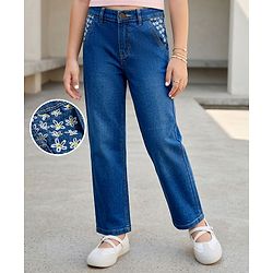 Pine Kids Denim Woven Full Length Jeans with Floral Embroidery - Blue