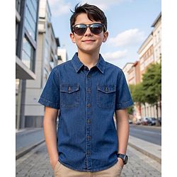 Pine Kids Solid Denim Shirt with Pockets - Dark Blue