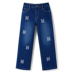Pine Kids Woven Full Length Washed Bear Embroidered Jeans - Navy Blue