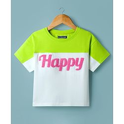 Pine Kids Cotton Knit Drop Shoulder Half Sleeves Cut & Sew T-Shirt with Happy Embroidery - White