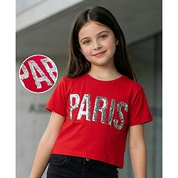 Pine Kids Cotton Knit Half Sleeves T-Shirt with Sequin Detailing - Red