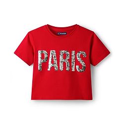 Pine Kids Cotton Knit Half Sleeves T-Shirt with Sequin Detailing - Red