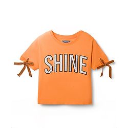 Pine Kids Cotton Knit Half Sleeves T-Shirt With Rhinestone & Embroidery Detailing - Orange