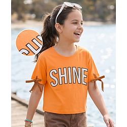 Pine Kids Cotton Knit Half Sleeves T-Shirt With Rhinestone & Embroidery Detailing - Orange