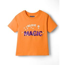 Pine Kids Cotton Knit Half Sleeves T-Shirt with Sequin Detailing - Orange