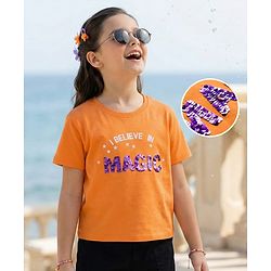 Pine Kids Cotton Knit Half Sleeves T-Shirt with Sequin Detailing - Orange