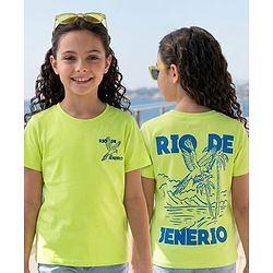 Pine Kids Cotton Knit Half Sleeves T-Shirt With Front & Back Rio Print - Lime Green
