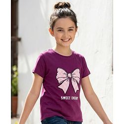 Pine Kids Cotton Knit Half Sleeves T-Shirt with Bow Embroidery - Purple