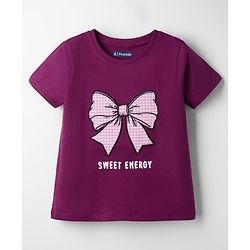 Pine Kids Cotton Knit Half Sleeves T-Shirt with Bow Embroidery - Purple