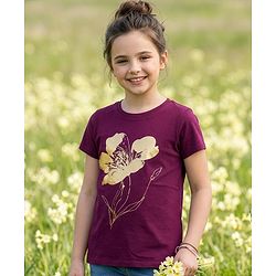 Pine Kids Cotton Knit Half Sleeves T-Shirt with Floral Foil Print - Purple