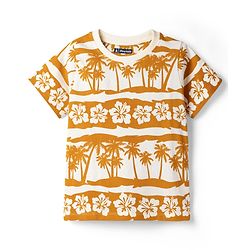 Pine Kids Cotton Knit Half Sleeves T-Shirt & Shorts Night-Suit With Floral & Tree Print - Mustard