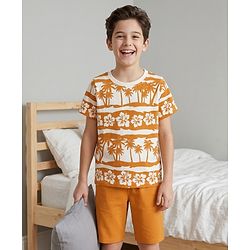Pine Kids Cotton Knit Half Sleeves T-Shirt & Shorts Night-Suit With Floral & Tree Print - Mustard