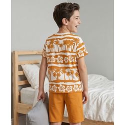 Pine Kids Cotton Knit Half Sleeves T-Shirt & Shorts Night-Suit With Floral & Tree Print - Mustard