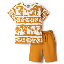 Pine Kids Cotton Knit Half Sleeves T-Shirt & Shorts Night-Suit With Floral & Tree Print - Mustard