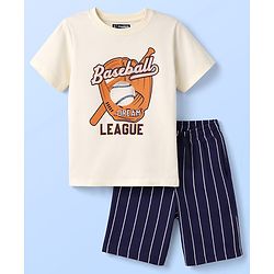 Pine Kids Cotton Knit Half Sleeves T-Shirt & Shorts Night-Suit With Baseball Print - Offwhite