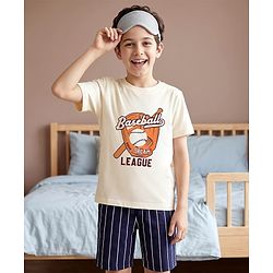 Pine Kids Cotton Knit Half Sleeves T-Shirt & Shorts Night-Suit With Baseball Print - Offwhite