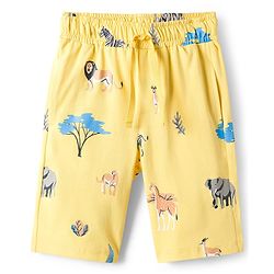 Pine Kids Cotton Knit Half Sleeves T-Shirt & Shorts Co-ord Night Suit With Animal Print - Yellow