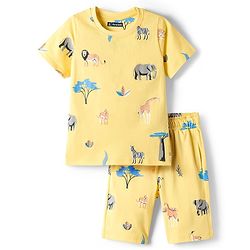 Pine Kids Cotton Knit Half Sleeves T-Shirt & Shorts Co-ord Night Suit With Animal Print - Yellow