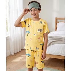Pine Kids Cotton Knit Half Sleeves T-Shirt & Shorts Co-ord Night Suit With Animal Print - Yellow