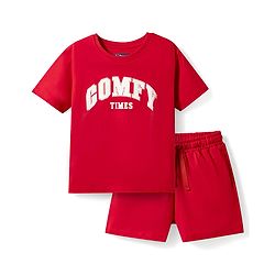 Pine Kids Cotton Knit Half Sleeves T-Shirt & Shorts Night Suit with Text Print - Red