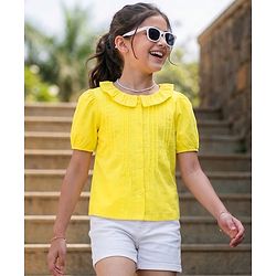 Pine Kids 100% Cotton Woven Half Sleeves Solid Pintuck Top -Yellow