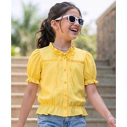 Pine Kids 100% Cotton Woven Half Sleeves Top With Embroidery Detailing - Yellow