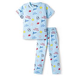 Pine Kids Cotton Knit Half Sleeves Co-Ord T-Shirt & Pyjama Night-Suit With Sports Print - Sky Blue