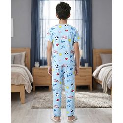 Pine Kids Cotton Knit Half Sleeves Co-Ord T-Shirt & Pyjama Night-Suit With Sports Print - Sky Blue