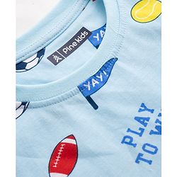 Pine Kids Cotton Knit Half Sleeves Co-Ord T-Shirt & Pyjama Night-Suit With Sports Print - Sky Blue